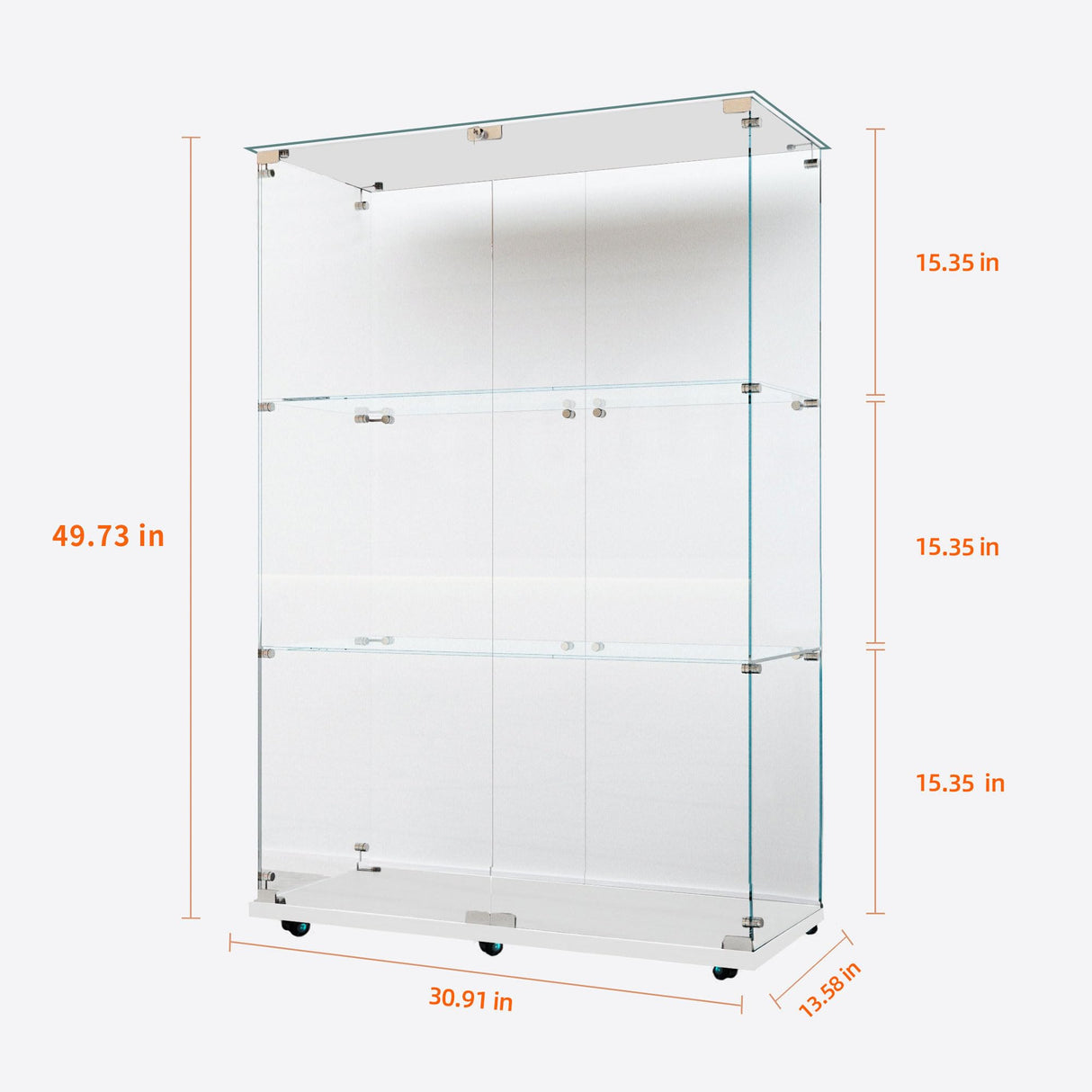 49.73" Tall Glass Display Cabinet with LED Lights&Rolling Wheels, Curio Glass Cabinet with 3 Shelves with 2 Door, Quick-Install Style Floor Standing Bookshelf File Cabinet for Home Office Kootlena