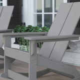 Flash Furniture Finn Modern Commercial Grade Poly Resin Wood Adirondack Rocking Chair - All Weather Gray Polystyrene - Dual Slat Back - Stainless Steel Hardware Flash Furniture