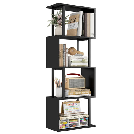 Gadroad 4-Tier Bookshelf, Narrow S-Shaped Geometric Bookcase, Wood Decorative Storage Shelving, Modern Freestanding Display Shelves, Book Shelf Unit for Living Room Bedroom Home Office, Black Gadroad
