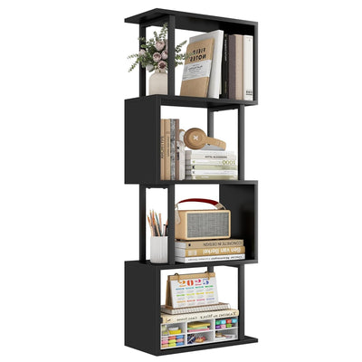 Gadroad 4-Tier Bookshelf, Narrow S-Shaped Geometric Bookcase, Wood Decorative Storage Shelving, Modern Freestanding Display Shelves, Book Shelf Unit for Living Room Bedroom Home Office, Black