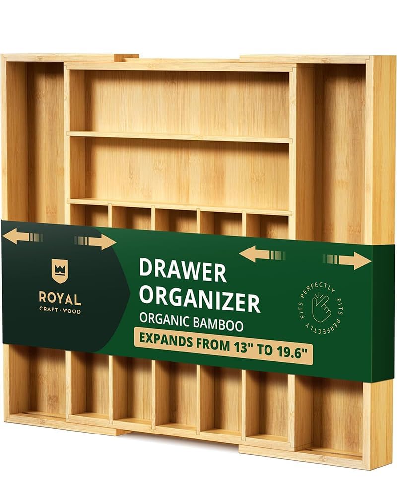 Luxury Bamboo Kitchen Drawer Organizer - Silverware Organizer - Utensil Holder and Cutlery Tray with Grooved Drawer Dividers for Flatware and Kitchen Utensils (9 Slot, Natural) ROYAL CRAFT WOOD