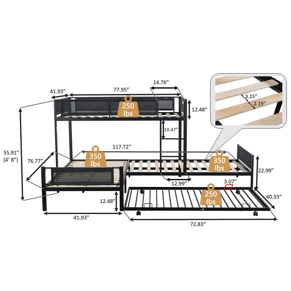 KIVENJAJA L-Shape Triple Bunk Bed with Trundle, Metal Quad Bunk Beds Twin Over Twin for 4 Kids, Heavy Duty 4 Small Bunkbeds for Teens Girls Boys Adults, Black KIVENJAJA