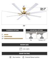 VONLUCE 72 Inch Ceiling Fans with Lights, Large Industrial Ceiling Fan and Remote, 8 Aluminum Blades, 6 Speeds Quiet Reversible DC Motor, Metal Ceiling Fan for Farmhouse Living Room Office, White Gold VONLUCE