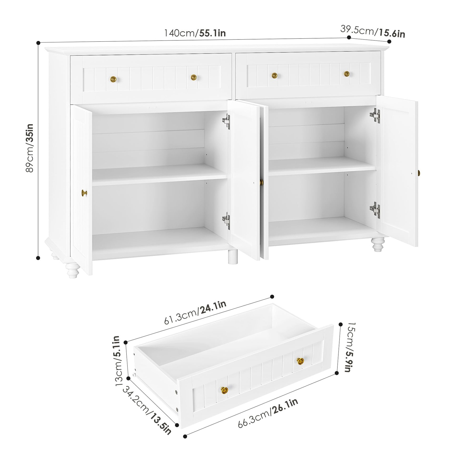 finetones Buffet Cabinet with Storage, 55.1” Large Sideboard Buffet Cabinet, White Kitchen Cabinet Display Cabinet with 2 Drawers and 4 Doors, Wood Coffee Bar Cabinet for Kitchen Dining Room - WoodArtSupply