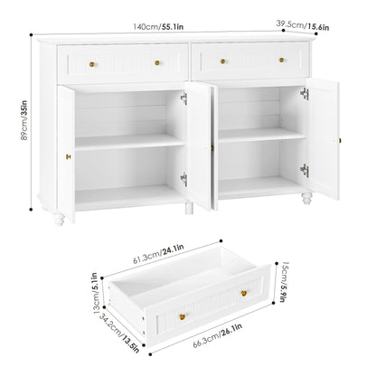 finetones Buffet Cabinet with Storage, 55.1” Large Sideboard Buffet Cabinet, White Kitchen Cabinet Display Cabinet with 2 Drawers and 4 Doors, Wood Coffee Bar Cabinet for Kitchen Dining Room - WoodArtSupply