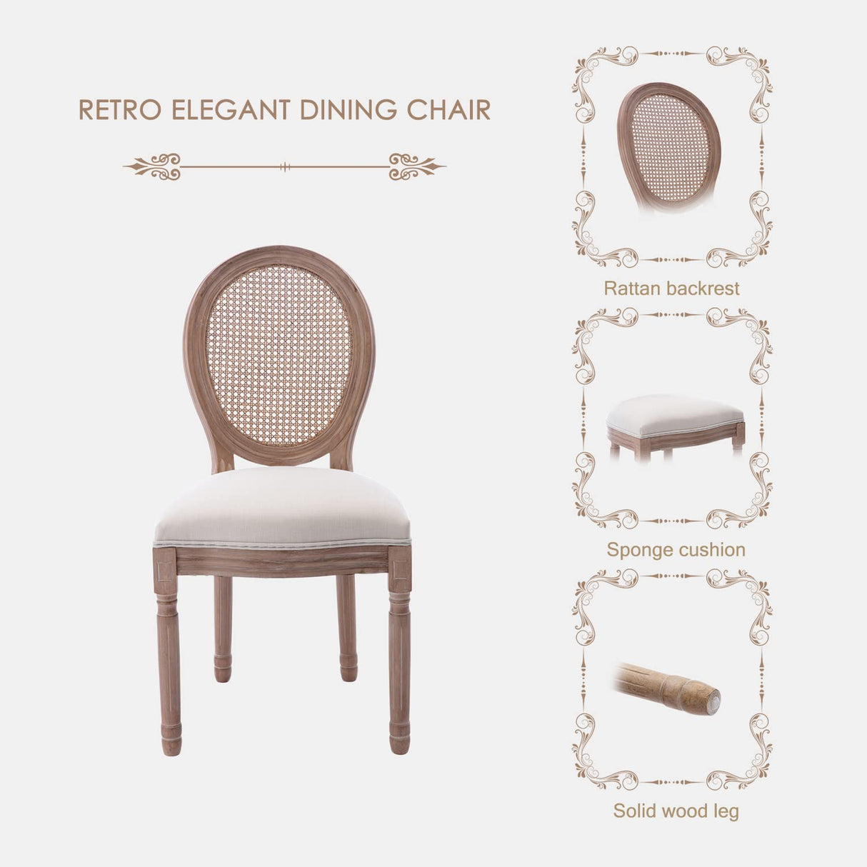 Kiztir French Country Dining Chairs Set of 4, Farmhouse Dining Chairs with Round Backrest, Upholstered Rattan Dining Chair with Solid Wood Leg for Dining Room Bedroom Kitchen Restaurant Kiztir