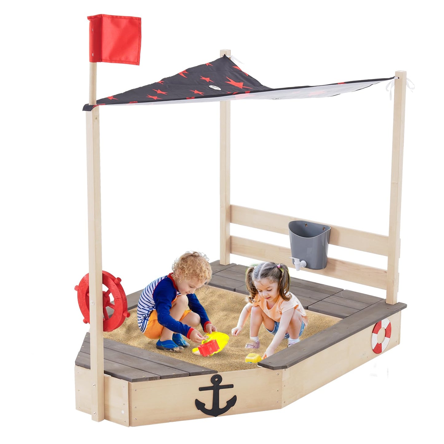 Pirate Ship Kids Sandbox with Cover, Wooden Sandbox with Storage Bench, Seat, Sink, Outdoor Sand Box for Backyard Garden, Kids Sand Boxes for Aged 3-8 Years Old, Children Playset Sandpit (Lig - WoodArtSupply