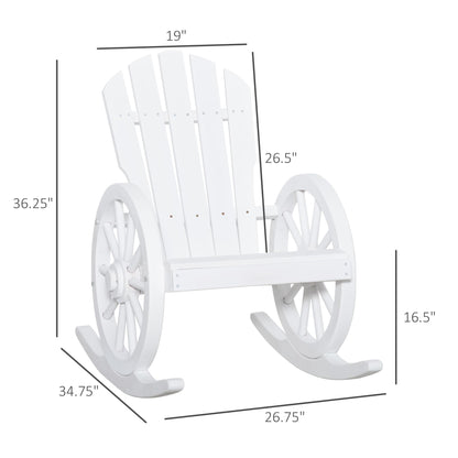 Outsunny Wooden Rocking Chair, Adirondack Rocker Chair w/Slatted Design, and Oversize Back, Outdoor Rocking Chairs with Wagon Wheel Armrest for Porch, Poolside, and Garden, White