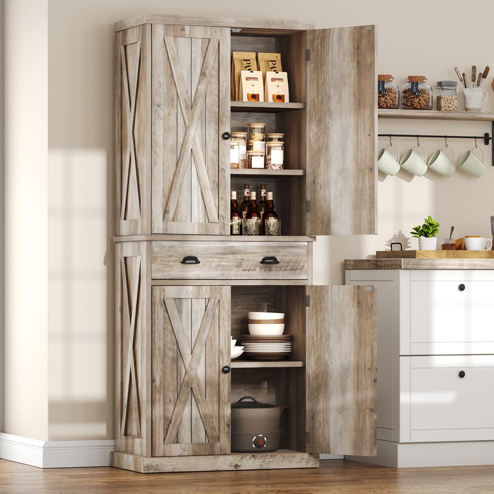 DWVO Kitchen Pantry with Doors, 72'' Tall Farmhouse Wood Kitchen Storage Cabinets with Adjustable Shelves & Drawer, Freestanding Cupboard for for Kitchen, Dining Room, Living Room, Light Rustic Oak DWVO