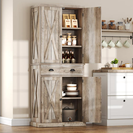 DWVO Kitchen Pantry with Doors, 72'' Tall Farmhouse Wood Kitchen Storage Cabinets with Adjustable Shelves & Drawer, Freestanding Cupboard for for Kitchen, Dining Room, Living Room, Light Rustic Oak DWVO