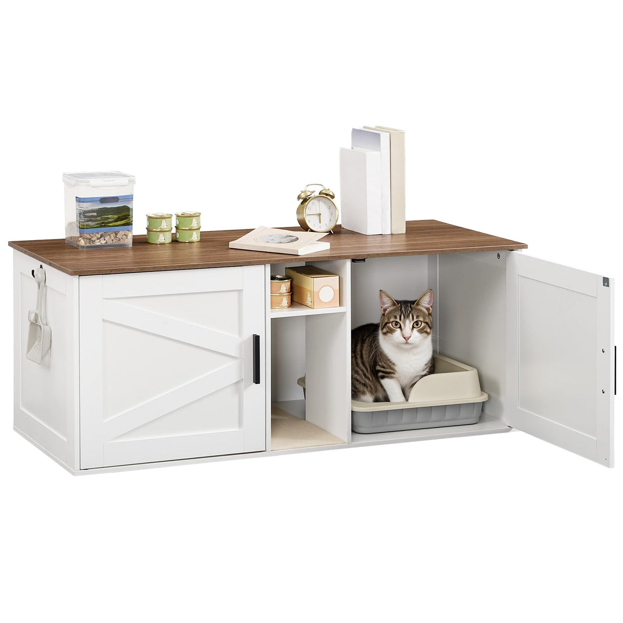 HOOBRO Double Litter Box Enclosure, Modern Cat Litter Box Furniture with Storage and Mat Design, Farmhouse Hidden Litter Box Enclosure with 2 Hooks, White and Walnut WH23MW01 HOOBRO