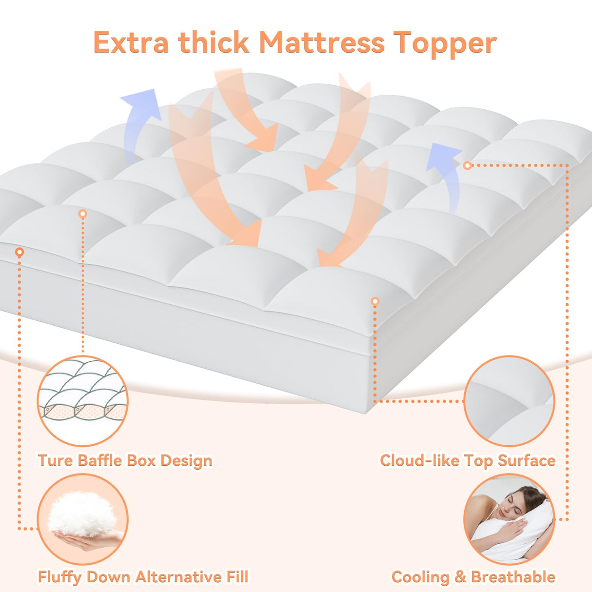 Topllen Twin Mattress Topper for Back Pain Relief, Extra Thick Pillow Top Plush Mattress Pad with Deep Pocket, Soft Pillowtop Twin Size Bed Toppers Filled Fluffy Down Alternative, White Topllen