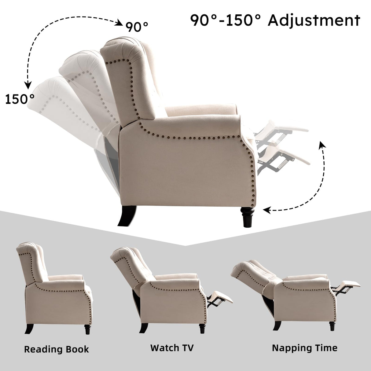 IOMOR Push Back Recliner Chair Fabric Lounge Armchair Pushback Recliner with Rivet Decoration Wingback Single Sofa Chair with Padded Seat for Living Room, Bedroom (1, Beige) IOMOR