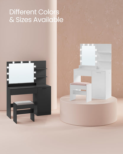 VASAGLE Vanity Desk with Mirror and Lights, 35.4-Inch Wide Makeup Vanity with Upholstered Vanity Stool, Power Outlets, Dimmable LED Lights, Storage Drawer, for Bedroom, Cloud White URDT128W01 - WoodArtSupply