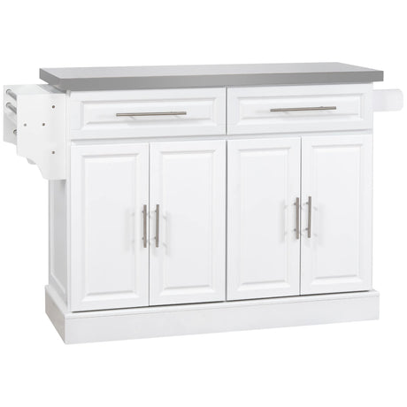 HOMCOM Rolling Kitchen Island with Storage, Portable Kitchen Cart with Stainless Steel Top, 2 Drawers, Spice, Knife and Towel Rack and Cabinets, White HOMCOM