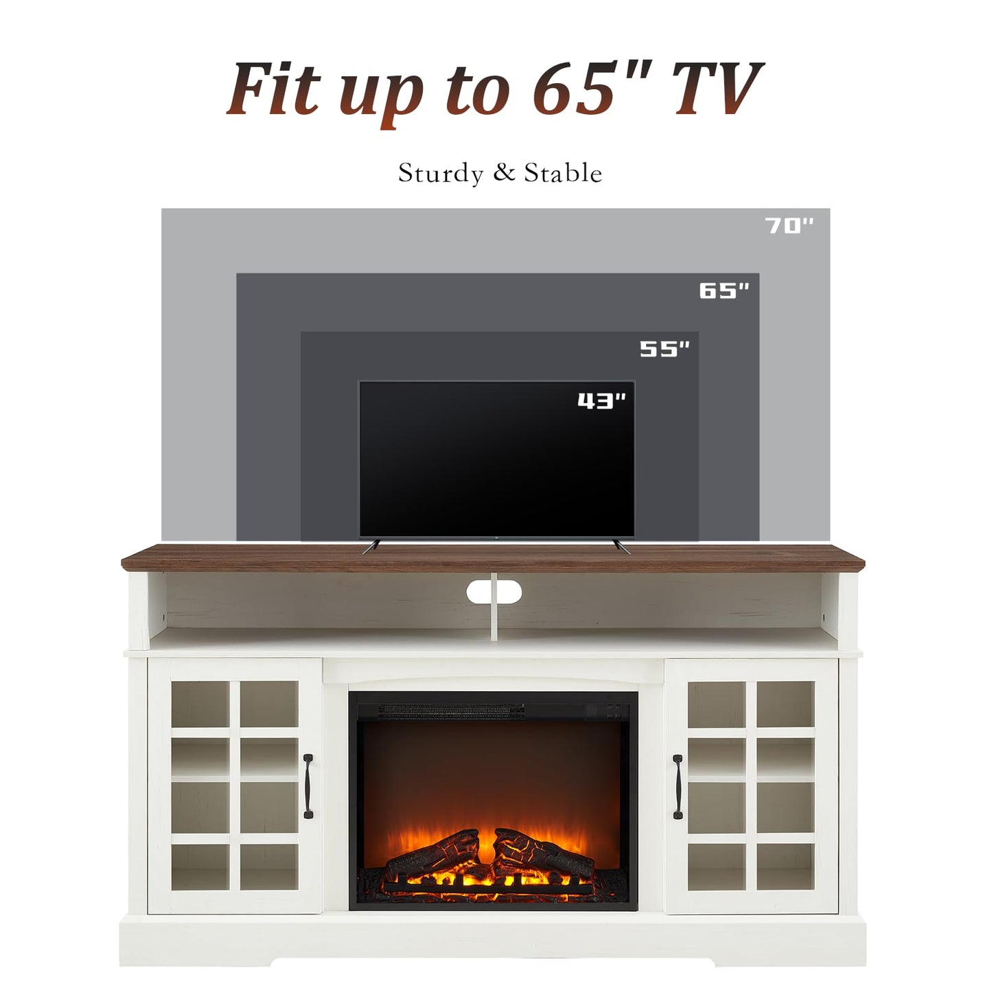 Fireplace TV Stand for Television up to 65", Entertainment Center with Storage Cabinet and Shelves, 23'' Electric Fireplace with Adjustable Warmth for Living Room/Bedroom, White