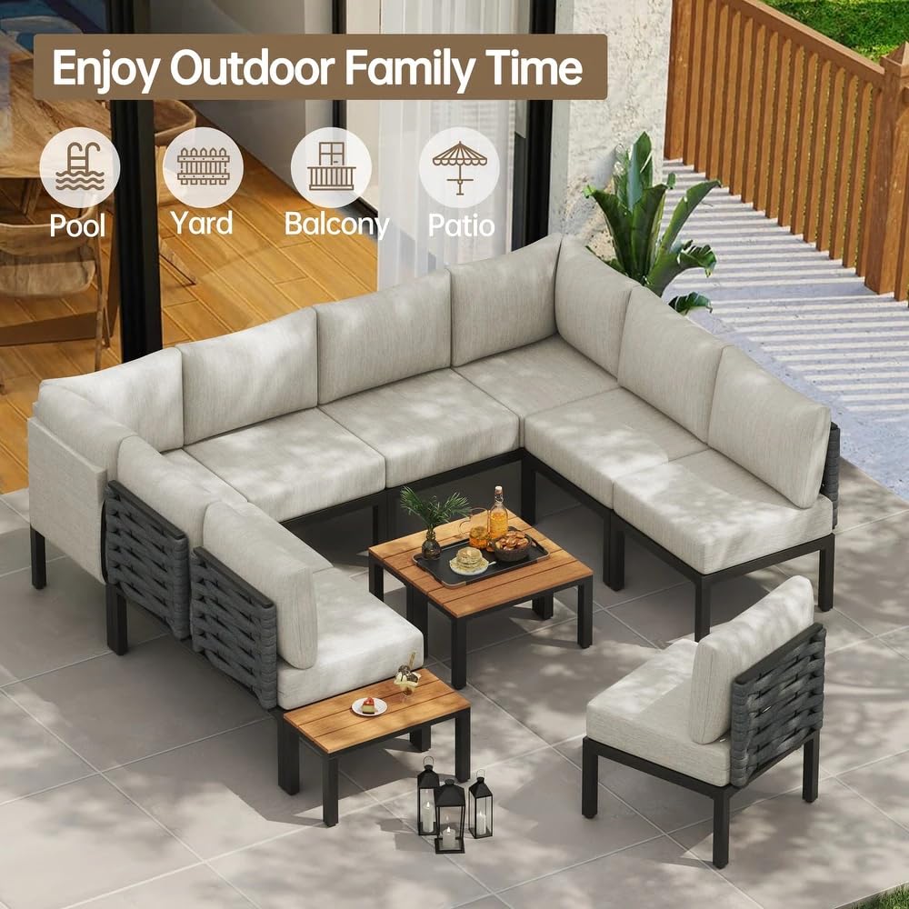 PIZZELLO 12 Pieces Outdoor Patio Furniture w/ 6" Thick Cushion, U-Shaped Sofa Set, All Weather Sectional Conversation Modular Couch for Garden, Deck, Lawn PIZZELLO