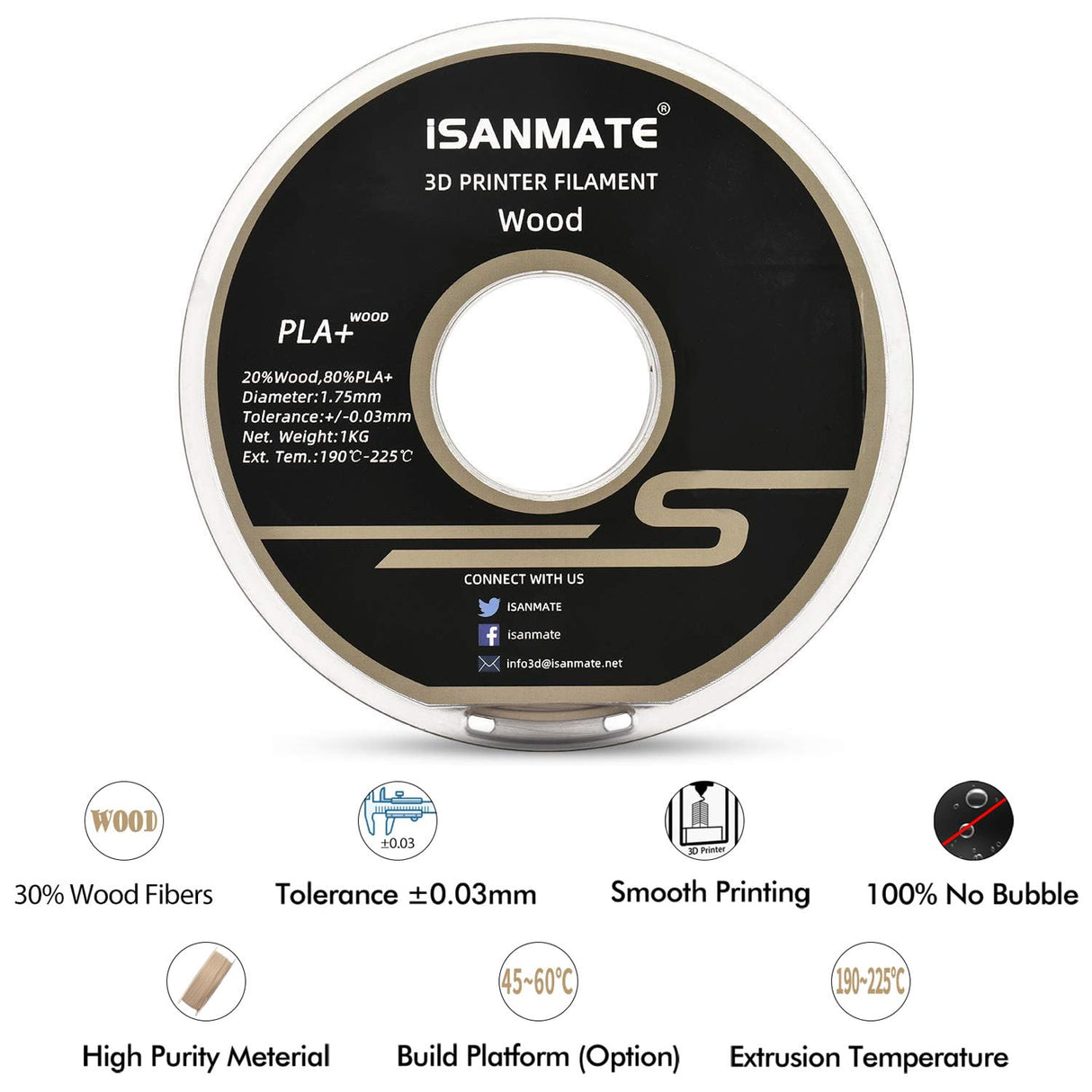 iSANMATE Wood Filament 1.75mm, PLA+ Wood Filament 1.75mm, 3D Printer Filament 1kg/Spool (Update 20% Real Wood Fiber) iSANMATE