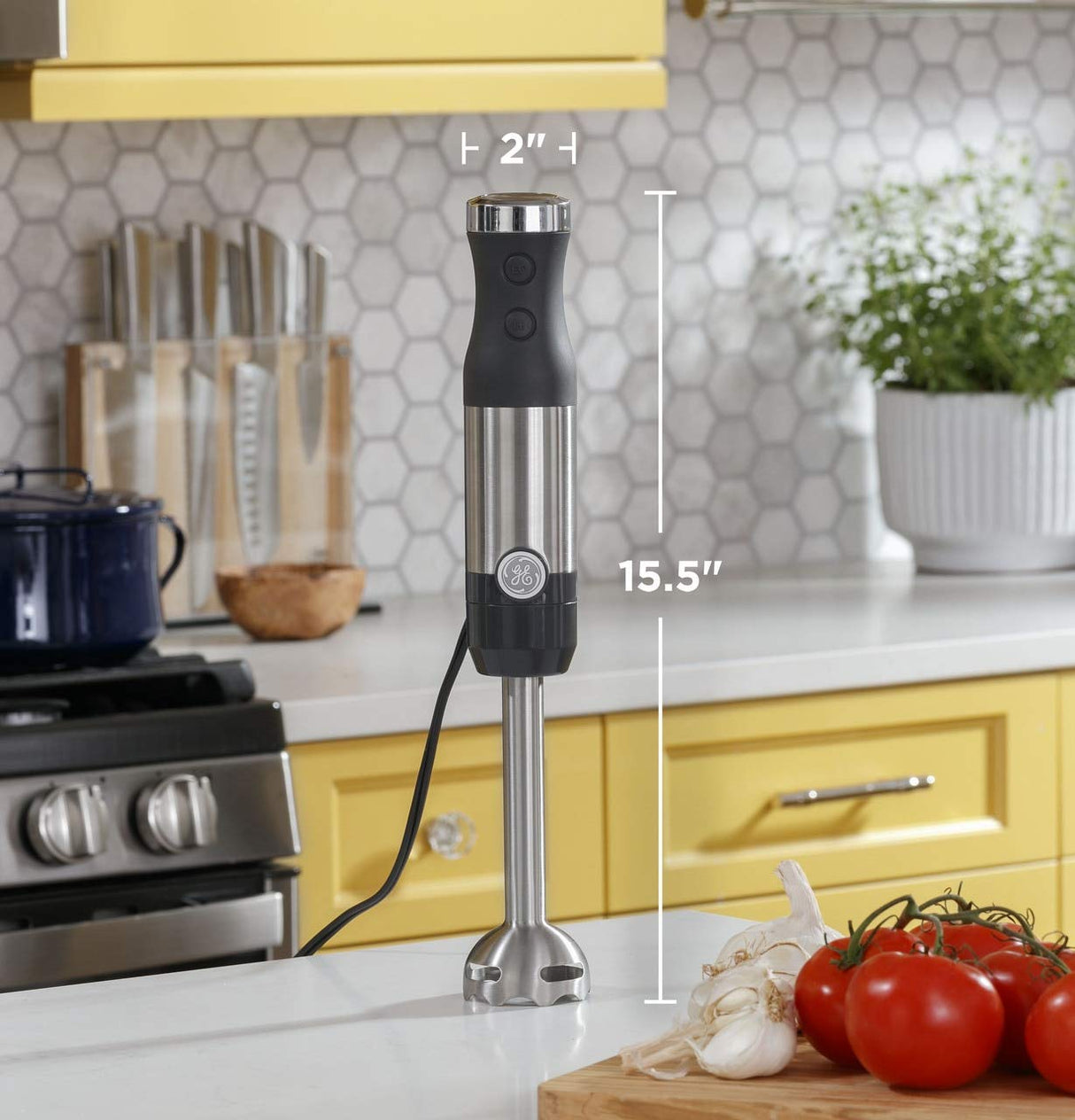 GE Immersion Blender | Handheld Blender for Shakes, Smoothies, Baby Food & More | Includes Whisk & Blending Jar | 2-Speed | Interchangeable Attachment for Easy Clean | 500 Watts | Stainless Steel GE