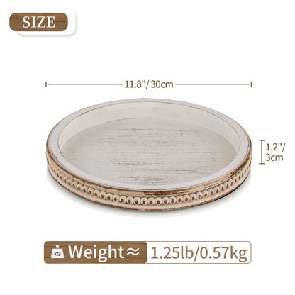 Hanobe Decorative Serving Tray Wood: White Washed Bead Round Tray Decor for Coffee Table Rustic Wooden Trays Farmhouse Centerpiece for Living Room Kitchen Counter - WoodArtSupply