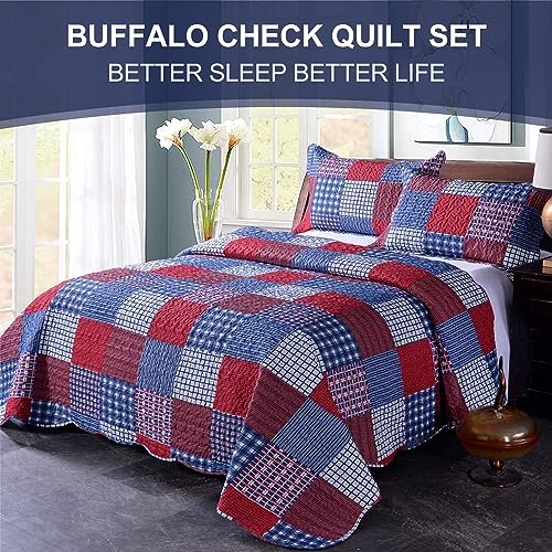 Hailea Red Blue Plaid Quilt Set Twin Size Country Patchwork Bedding Lightweight Reversible Bedspread Coverlet with Sham Soft All Season Bed Cover Set, 1 Quilt 2 Pillow Shams Hailea