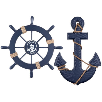 MDLUU Wooden Ship Wheel, Ship Rudder Decor, Helm Wheel Wall Hanging Ornament (11"(navy blue))