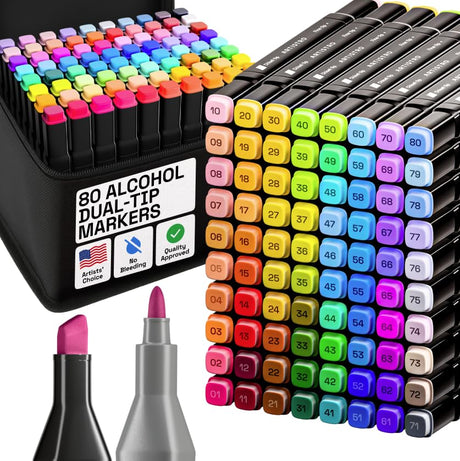 Alcohol Dual Tip Markers Set of 80 with No Bleed Ink, Bonus Case and Vibrant Fade-Resistant Colors, Art Supplies for Adult Coloring Books, Sketching, Manga, Drawing, Card Making (Fine & Chisel) ARTISTRO
