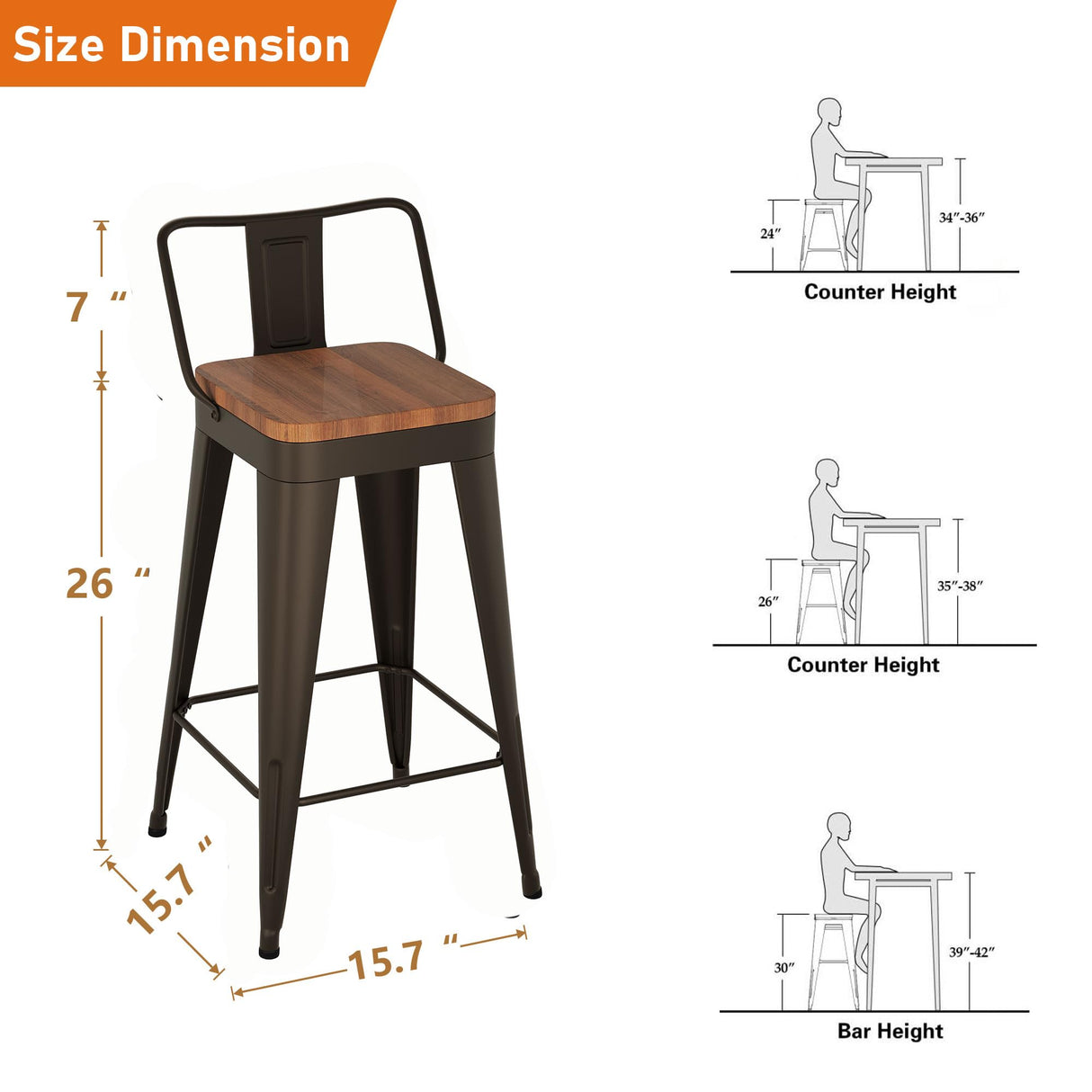 POINTANT Bar Stools Set of 4 Metal Bar Stool Counter Height Bar Stools Rusty, Modern 26" Bar Chairs with Back and Wooden Seat Bar Stool Counter Height POINTANT