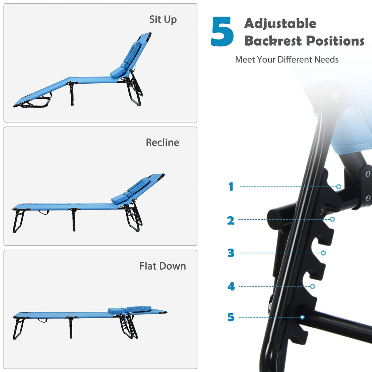 gotoplay Folding Beach Lounge Chair w/ 5 Adjutable Backrest & Padded Pillow, Sunbathing Lounger Chair, Sun Tanning Lay Flat Chair for Seaside Pool Deck, Max Load 330 LBS, No Assembly Required (Blue) gotoplay
