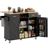 knoworld 51.5'' Rolling Kitchen Island with Storage Cabinet & Drawers, Drop Leaf Kitchen Cart on Wheels, Farmhouse Portable Mobile Islands, Large Butcher Block Table with Tower/Spice Rack, Black knoworld