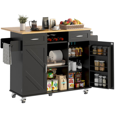 knoworld 51.5'' Rolling Kitchen Island with Storage Cabinet & Drawers, Drop Leaf Kitchen Cart on Wheels, Farmhouse Portable Mobile Islands, Large Butcher Block Table with Tower/Spice Rack, Black knoworld