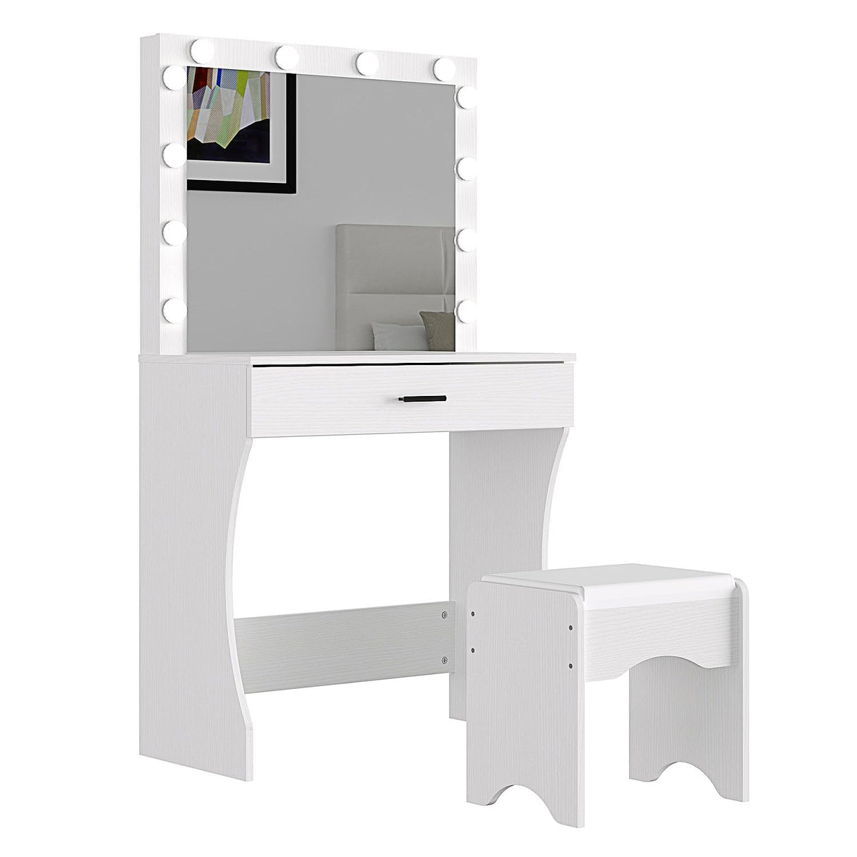 Vanity Desk with Mirror and Adjustable Lights, One Drawer Storage Makeup Table with Stool - Vanity Set for Bedroom (White) Panana