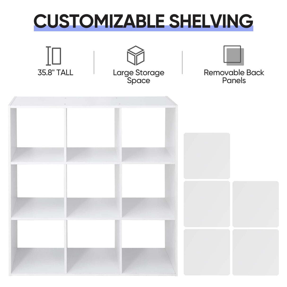 ZenStyle 9 Cube Storage Shelf Organizer, Wooden Bookshelf System Display Cube Shelves Compartments, Customizable W/ 5 Removable Back Panels (White) ZenStyle