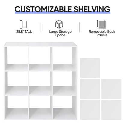 ZenStyle 9 Cube Storage Shelf Organizer, Wooden Bookshelf System Display Cube Shelves Compartments, Customizable W/ 5 Removable Back Panels (White)