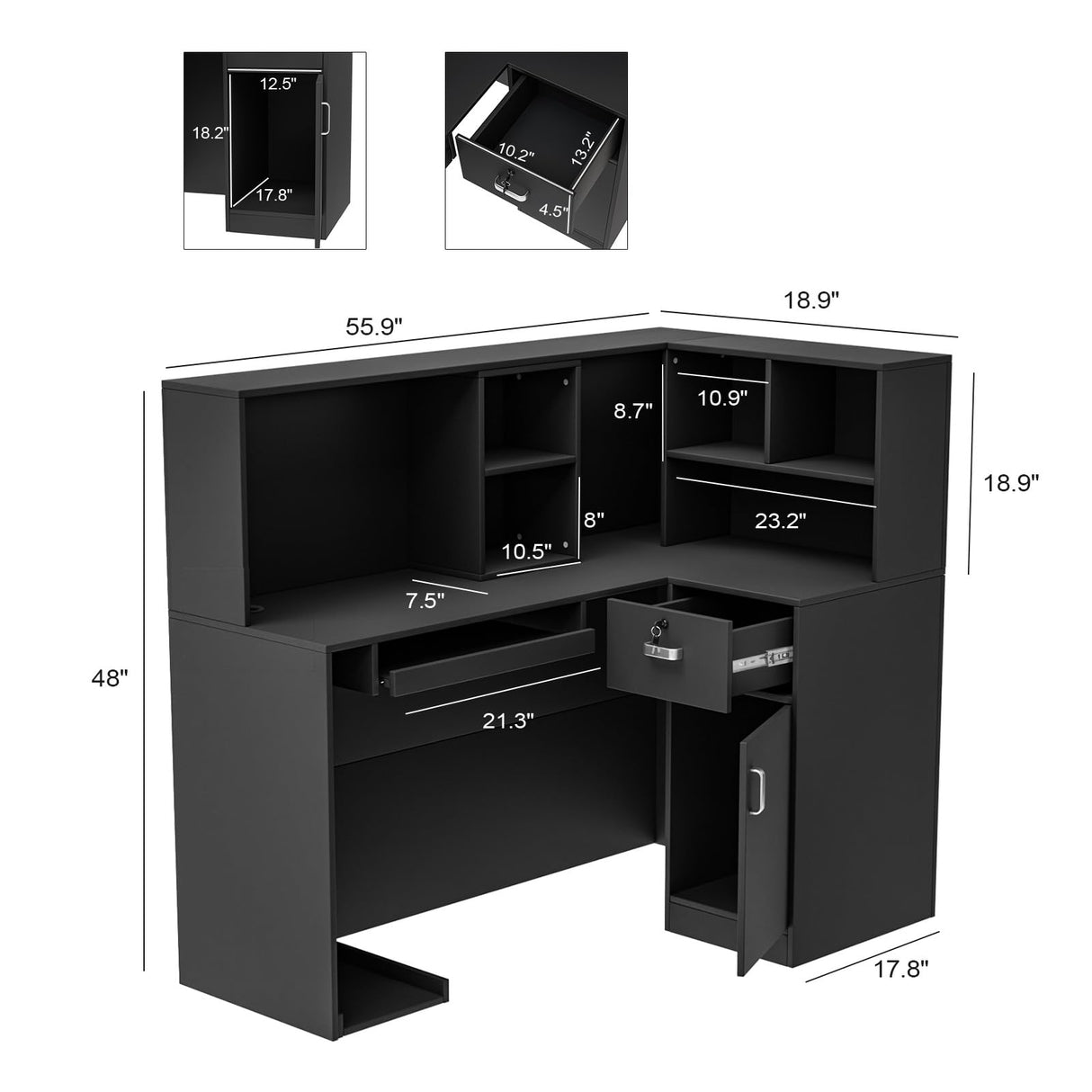 Modern Reception Desk, Moveable Shelves and Lockable Drawers, Retail Checkout Counter Table, for Lobby Beauty Salon Office (Black) OmySalon