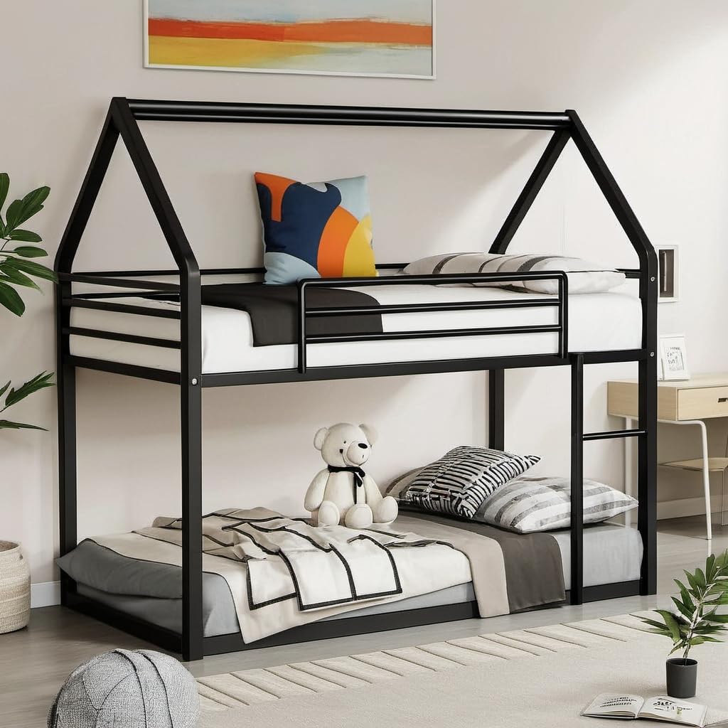 UOCFYK Full Over Full House Bunk Bed with Roof Design & Ladder, Metal Playhouse Bedframe for Kids, Boys and Girls, Easy Assembly & No Box Spring Needed (Black)