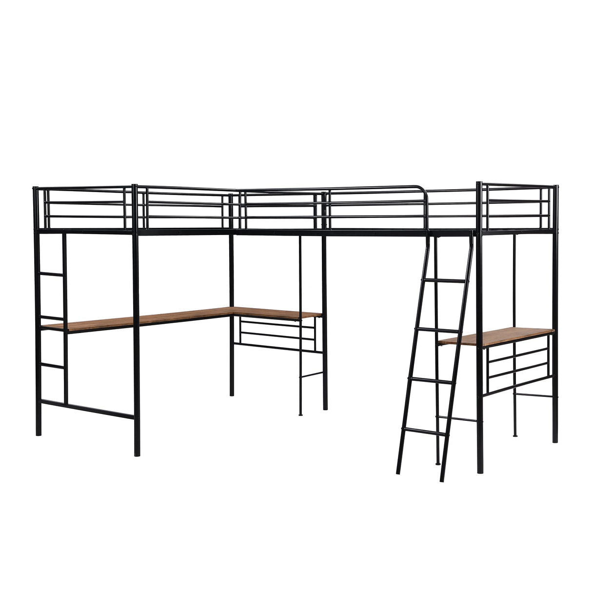 MERITLINE Metal Twin Size L-Shaped Loft Bed, Twin Size Loft Bed Frame with Two Built-in Desks Underneath for Kids Boys Teens, Black MERITLINE