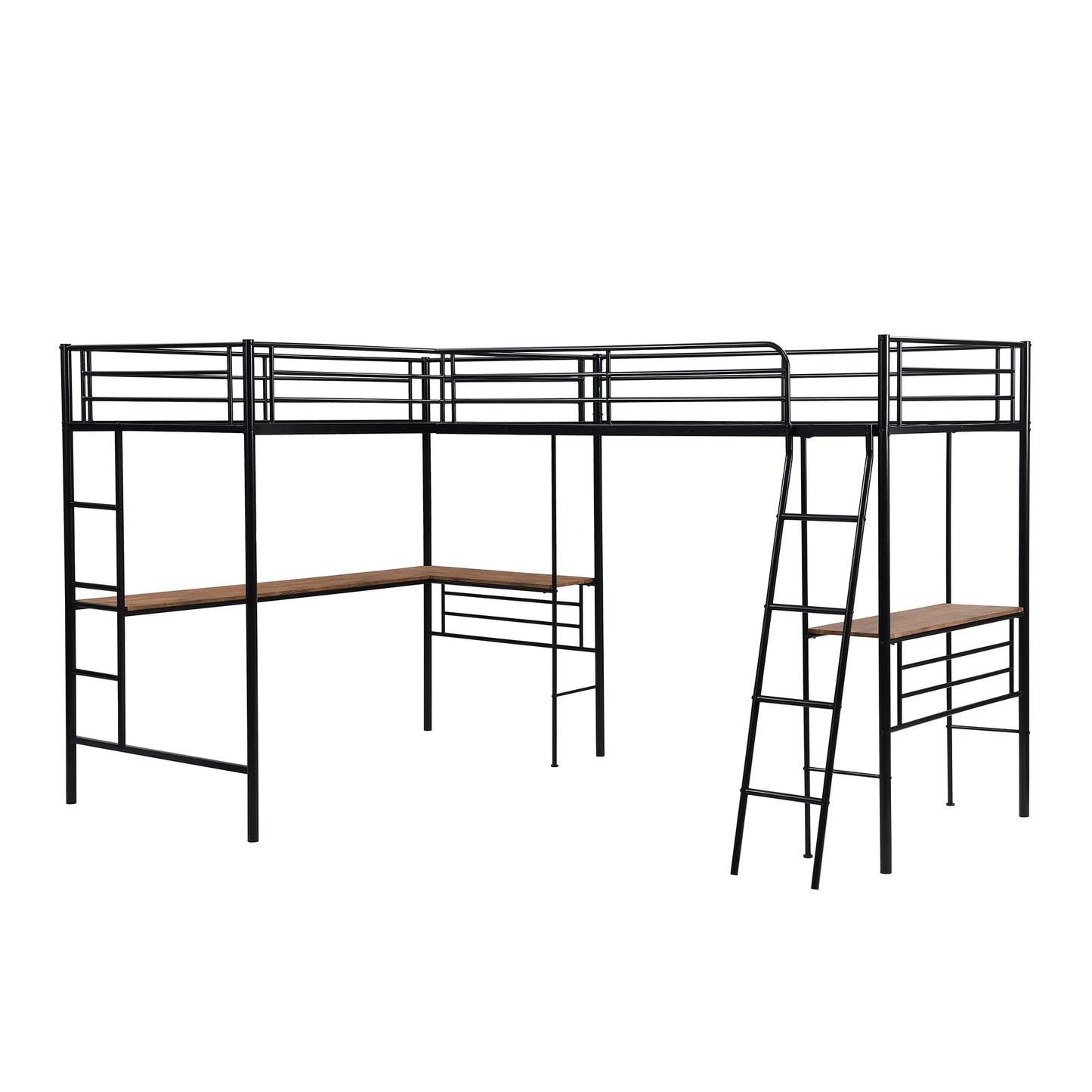 MERITLINE Metal Twin Size L-Shaped Loft Bed, Twin Size Loft Bed Frame with Two Built-in Desks Underneath for Kids Boys Teens, Black