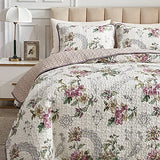 Flysheep 3 Pieces Quilt Set Full/Queen Size, Beige Floral Reversible Bedspread Coverlet Set, Soft Microfiber Lightweight Bed Cover for All Season (90" x 90", 1 Quilt+ 2 Pillow Shams) Flysheep