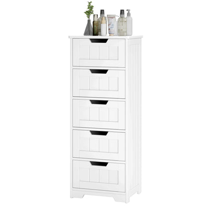 FOTOSOK Bathroom Floor Cabinet, Free-Standing Storage Cabinet with 5 Drawers, 11.8” x 15.7” x 40.1” Wooden Storage Cabinet with Cut-Out Handles, Side Tall Storage Cabinet for Bathroom, Living - WoodArtSupply