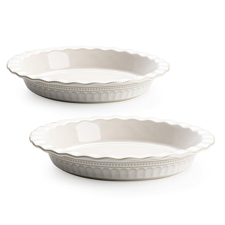 MIKIGEY Ceramic Pie Pan for Baking, 9 inch Pie Pans Set of 2, Round Pie Dish for Dessert Kitchen, Farmhouse Vintage Color Pie Plate, Oven & Dishwasher Safe, Off-White MIKIGEY