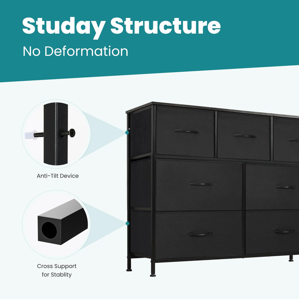 OLIXIS 7 Drawers Dresser for Bedroom, Fabric Storage Tower for Living Room, Entryway - Sturdy Steel Frame, Wooden Top & Easy Pull Fabric Bins, Closet Chests Organizer for Clothes, Black OLIXIS
