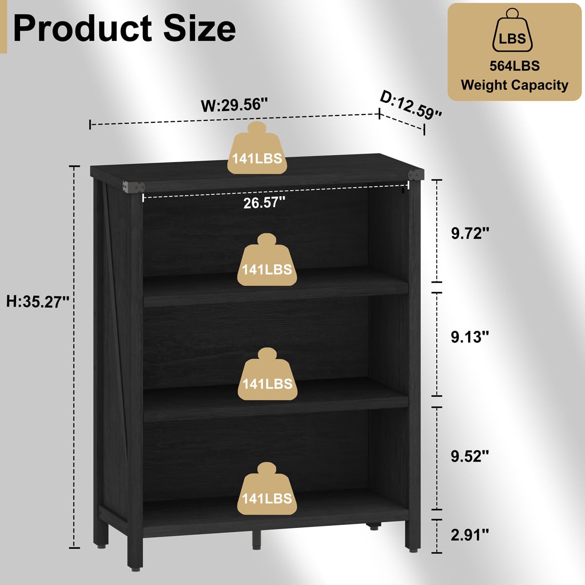 BON AUGURE Small Bookcase, 3 Tier Black Book Shelf, Farmhouse Wooden Bookshelf, Short Storage Book Cases for Small Space, Bedroom, Office, Living Room (Black Oak) BON AUGURE