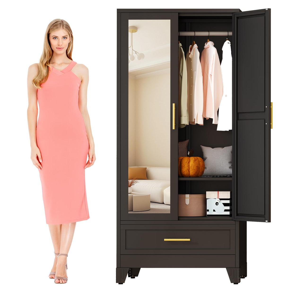 baoliwo Metal Armoire Wardrobe Closet Storage Cabinet with Mirror, 71'' Wardrobe Cabinet with Hanging Rod Metal Closet with Adjustable Shelf and Drawer for Bedroom, Laundry Room, Cloak Room baoliwo