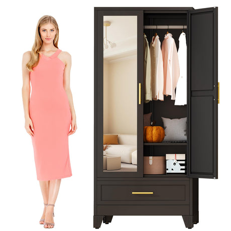 baoliwo Metal Armoire Wardrobe Closet Storage Cabinet with Mirror, 71'' Wardrobe Cabinet with Hanging Rod Metal Closet with Adjustable Shelf and Drawer for Bedroom, Laundry Room, Cloak Room baoliwo