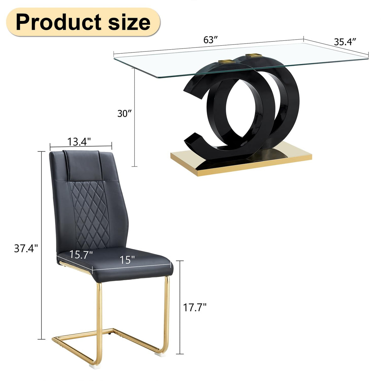 Ebullient Modern Dining Table Set for 6 ，7 Piece Dining Table Chairs Set for 6,Glass Table Top and Gold Base，Rectangular Dining Room Table with 6 Black PU Leather Upholstered Dining Chairs for Kitchen Ebullient