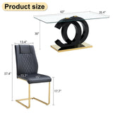 Ebullient Modern Dining Table Set for 6 ，7 Piece Dining Table Chairs Set for 6,Glass Table Top and Gold Base，Rectangular Dining Room Table with 6 Black PU Leather Upholstered Dining Chairs for Kitchen Ebullient