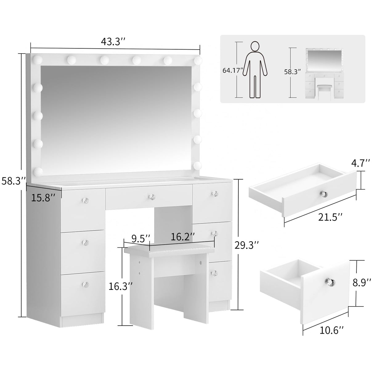 SMOOL Vanity with Lighted Mirror - Makeup Vanity Desk with Power Outlet and 7 Drawers, 3 Color Lighting Modes Adjustable Brightness, 44" Vanity Table with Glass Top for Women Girls, White (White) SMOOL