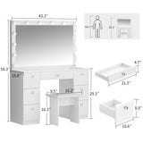 SMOOL Vanity with Lighted Mirror - Makeup Vanity Desk with Power Outlet and 7 Drawers, 3 Color Lighting Modes Adjustable Brightness, 44" Vanity Table with Glass Top for Women Girls, White (White) SMOOL