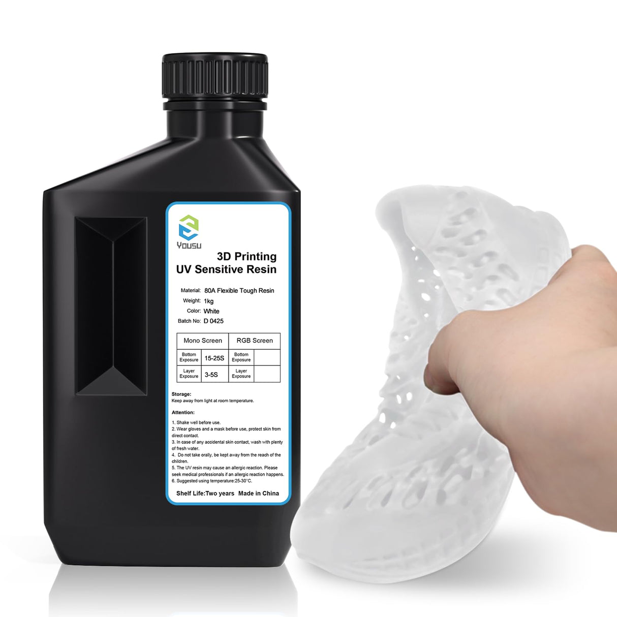 YOUSU Flexible Tough (Shore 80A) 3D Printer Resin,Soft Rubber/TPU Like 3D Printing Resin,High Elongation 405nm Fast UV-Curing Photopolymer Resin for LCD Printer,White 1000g Yousu